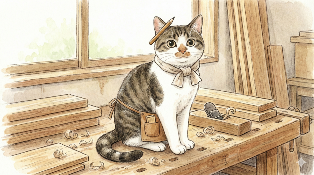 工房の作業台に座る杢