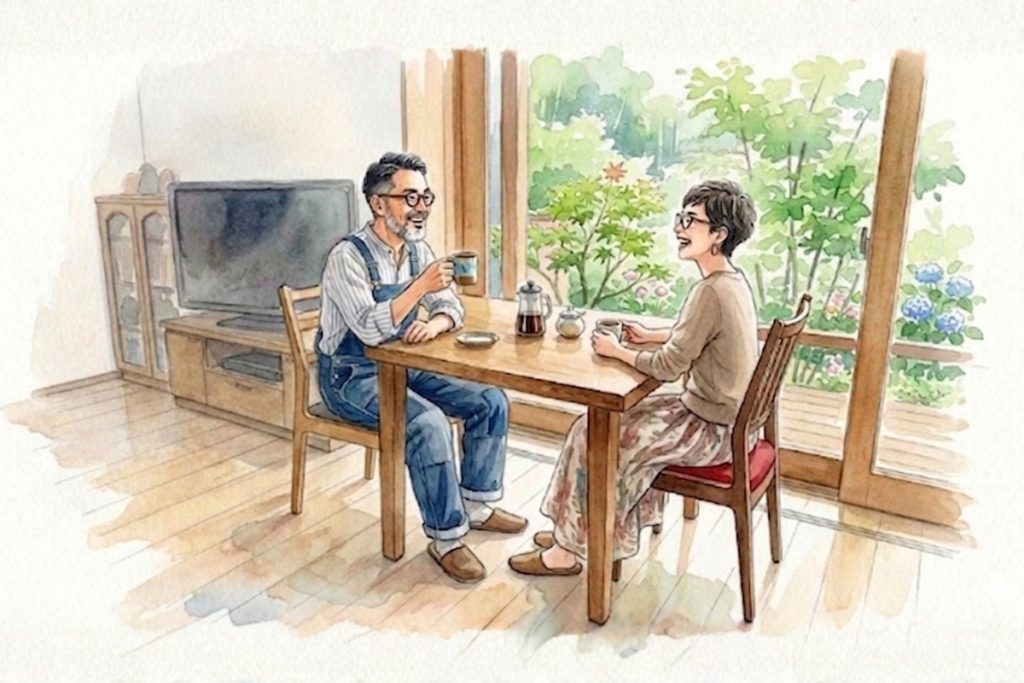 リメイクされたダイニングテーブルでコーヒーを飲みながら会話する夫婦。