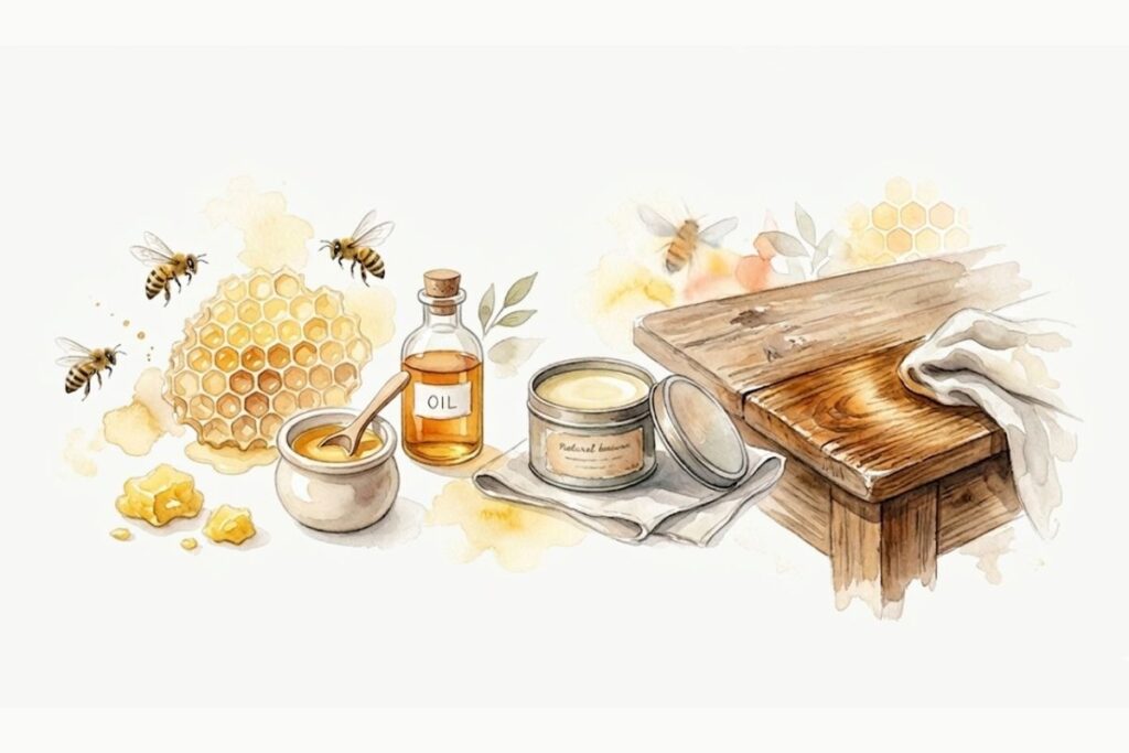 蜜蜂と、蜂蜜と、蜜蝋ワックス。家具のお手入れの様子。