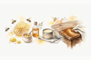 蜜蜂と、蜂蜜と、蜜蝋ワックス。家具のお手入れの様子。
